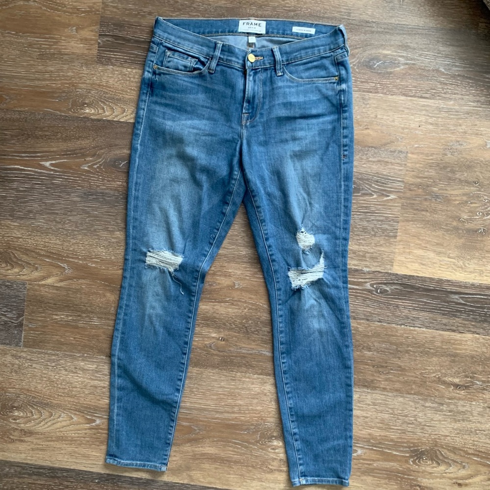 Frame Denim 29 Jeans Skinny Le Skinny De Jeanne Distressed Blue Womens Jeans